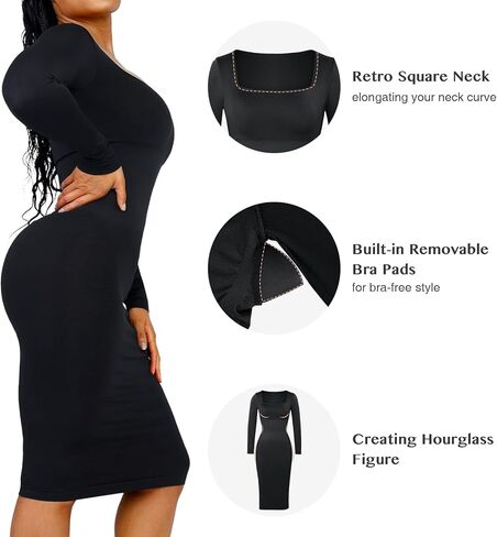 فساتين FeelinGirl النسائية طويلة الأكمام بتصميم ريترو بودي كون للنساء فستان طويل لتشكيل الجسم مع حمالة صدر قابلة للإزالة in Kuwait