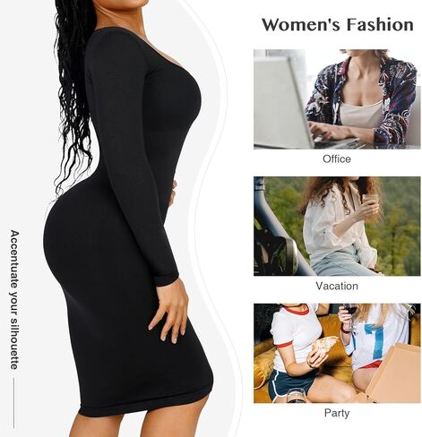 فساتين FeelinGirl النسائية طويلة الأكمام بتصميم ريترو بودي كون للنساء فستان طويل لتشكيل الجسم مع حمالة صدر قابلة للإزالة in Kuwait