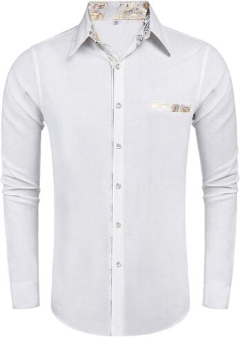 قمصان Daupanzees للرجال من القطن والكتان بأكمام طويلة وتصميم فاخر بطباعة بيزلي، قميص كاجوال بأزرار سفلية in Kuwait