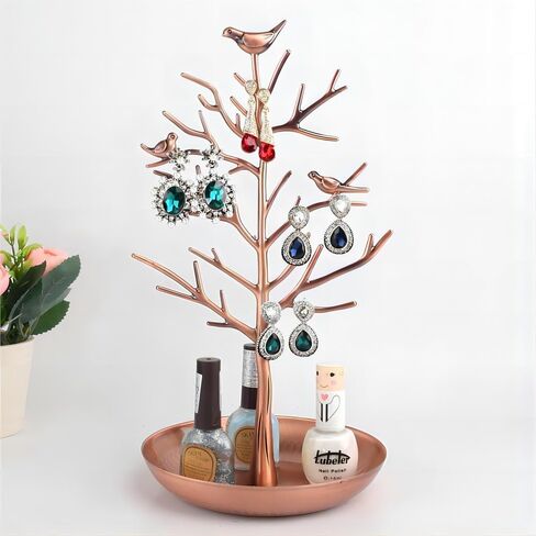 Birds Tree Jewelry Stand Display Earring Necklace Holder Organizer Rack Tower Jewelry Rack with metal tray for Ring Earrings Necklace Bracelet (Bronze) in Kuwait