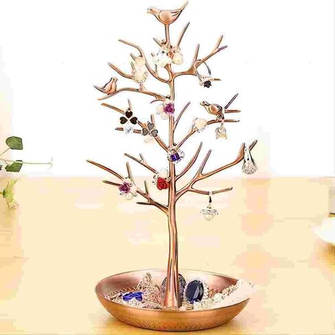 Birds Tree Jewelry Stand Display Earring Necklace Holder Organizer Rack Tower Jewelry Rack with metal tray for Ring Earrings Necklace Bracelet (Bronze) in Kuwait