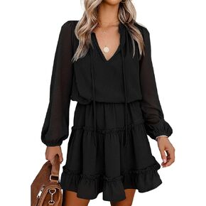 BTFBM Women Casual Summer Fall Dresses Tie V Neck Long Sleeve High Waist Ruffle Tiered A Line Swing Tunic Mini Dress