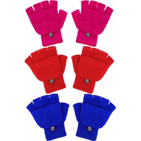 3 Pairs Kids Fingerless Mittens Convertible Flip Top Gloves Children Soft Knitted Gloves for Boys Girls