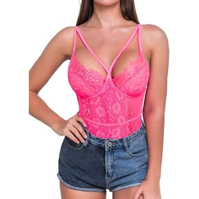 popiv Womens Sexy Lace Bodysuit Eyelash Corset Top Bustier Cami Tops Snap Crotch Teddy Lingerie Going Out Tank Top