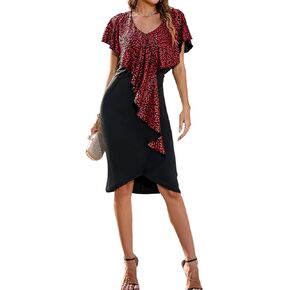 فستان Cololura نسائي مكشكش على شكل الفهد ورقبة على شكل حرف V متوسط ​​الطول وعباءة مرقعة وحفلات ضيقة in Kuwait