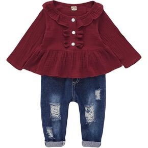 ملابس طفلة صغيرة، ملابس جينز للفتيات الصغيرات، قميص مكشكش، سروال دينم، مجموعة ملابس للفتيات، ملابس خريف وشتاء in Kuwait