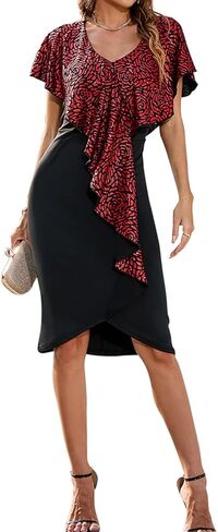 فستان Cololura نسائي مكشكش على شكل الفهد ورقبة على شكل حرف V متوسط ​​الطول وعباءة مرقعة وحفلات ضيقة in Kuwait