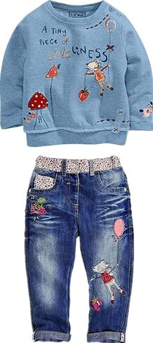 Toddler Girl Clothes Baby Girl Long Sleeve Top + Jeans Pants with Pockets | Toddler Girl Clothes Baby Girl Long Sleeve Shirt + Jeans Pants with Pockets Fall Winter Outfits Cartoon Clothing Set in Saudi Arabia