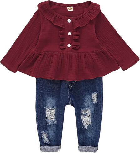 ملابس طفلة صغيرة، ملابس جينز للفتيات الصغيرات، قميص مكشكش، سروال دينم، مجموعة ملابس للفتيات، ملابس خريف وشتاء in Kuwait