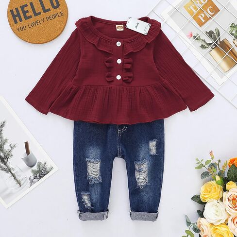 ملابس طفلة صغيرة، ملابس جينز للفتيات الصغيرات، قميص مكشكش، سروال دينم، مجموعة ملابس للفتيات، ملابس خريف وشتاء in Kuwait