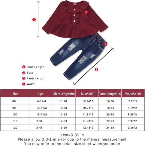 ملابس طفلة صغيرة، ملابس جينز للفتيات الصغيرات، قميص مكشكش، سروال دينم، مجموعة ملابس للفتيات، ملابس خريف وشتاء in Kuwait