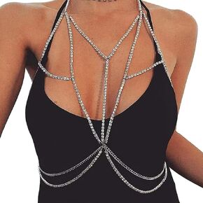 ELABEST Rhinestone Chest Chain Silver Glitter Crystal Cross Body Chain Jewelry Accessories for Women and Girls