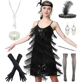 Women 1920s Gatsby Flapper Dress Sexy Open Back Strap Fringed Cocktail Party Dress with 20s Accessories