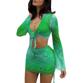 SHESEEWORLD Women's Sexy Long Sleeve 2 Pieces Sheer Mesh Cover Up Dress Crop Top Bodycon Ruched Y2K Mini Skirt Sets