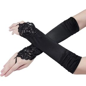 Harapu Long Black Elbow Lace Sequins Satin Gloves 19.3" Stretchy 1920s Opera Gloves Evening Party Dance Gloves for Women Girls, 1 Pair in Kuwait