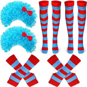 6 قطع من إكسسوارات الأطفال زي الهالوين مجموعة باروكة بانك زرقاء مخططة جوارب عالية الفخذ للركبة قفازات طويلة لتدفئة الذراع للأطفال لوازم الحفلات in Kuwait