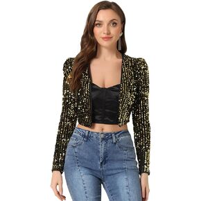 Allegra K Women's Sequin Shrug Open Front Collarless Halloween Glitter Sparkly Crop Blazer Jacket