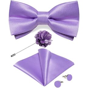 DiBanGu Mens Satin Pre-Tied Bowties and Pocket Square Cufflinks Lapel Pin Set for Tuxedo Wedding Party