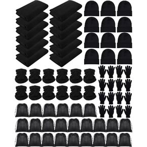 Patelai 120 Pcs Homeless Care Package Supplies Soft Fleece Blankets Winter Gloves Beanies Neck Warmers and Drawstring Bags Unisex Bulk Pack Donation Charity Care Bundle for Men Women Homeless Black in Kuwait
