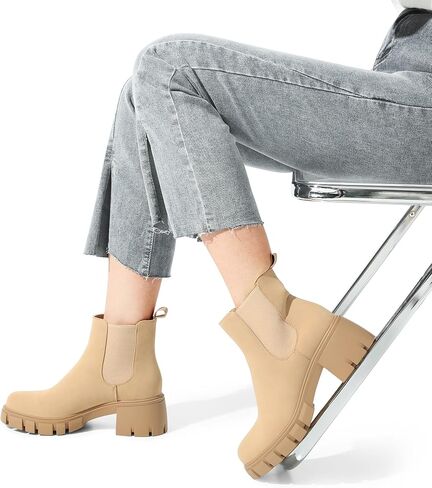 DREAM PAIRS Women's Elastic Chelsea Ankle Boots Platform Low Chunky Block Heel Lug Sole Slip on Fall Heeled Booties Shoes in Saudi Arabia