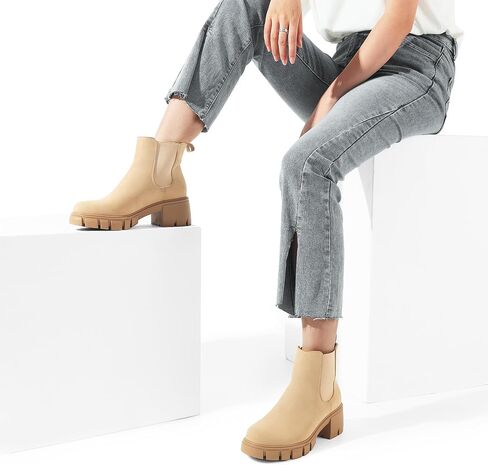 DREAM PAIRS Women's Elastic Chelsea Ankle Boots Platform Low Chunky Block Heel Lug Sole Slip on Fall Heeled Booties Shoes in Saudi Arabia