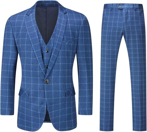Cloudstyle Mens 3-Piece Plaid Suit Set Modern Fit Jacket Tux Blazer Vest Pants in Kuwait