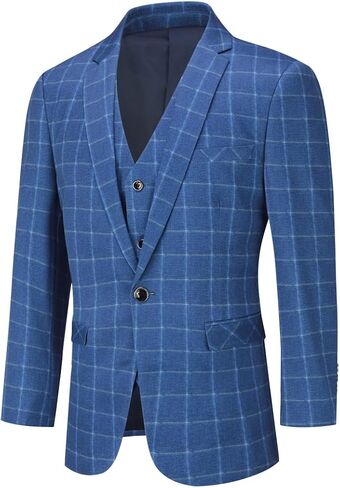 Cloudstyle Mens 3-Piece Plaid Suit Set Modern Fit Jacket Tux Blazer Vest Pants in Kuwait