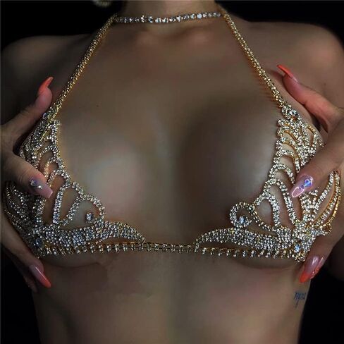 YERTTER Sparkle Full Gold Rhinestone Sexy Bra Chain Body Chain Set Crystal Beach Luxury Jewelry for Women （Gold） in Kuwait