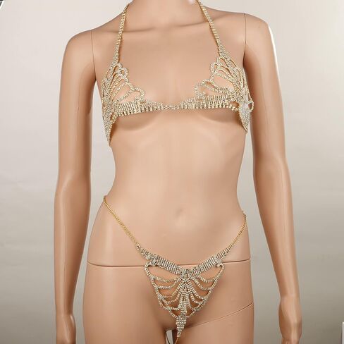 YERTTER Sparkle Full Gold Rhinestone Sexy Bra Chain Body Chain Set Crystal Beach Luxury Jewelry for Women （Gold） in Kuwait