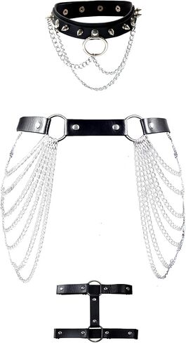 3 قطع من سلسلة الجسم الجلدية الشريرة (حزام سلسلة الخصر + سلسلة الساق + سلسلة قلادة) إكسسوارات مجوهرات الجسم للنساء والفتيات in Kuwait