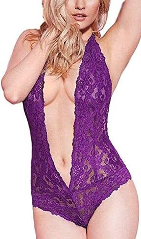 EVELUST Womens Open Back Halter Plunging Teddy,Comfortable Scalloped Trim Lace Lingerie in Saudi Arabia
