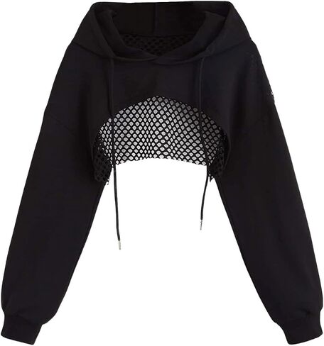 Verdusa Women's Hollow Out Fishnet Long Sleeve Drawstring Hoodie Super Crop Sweatshirt in Saudi Arabia