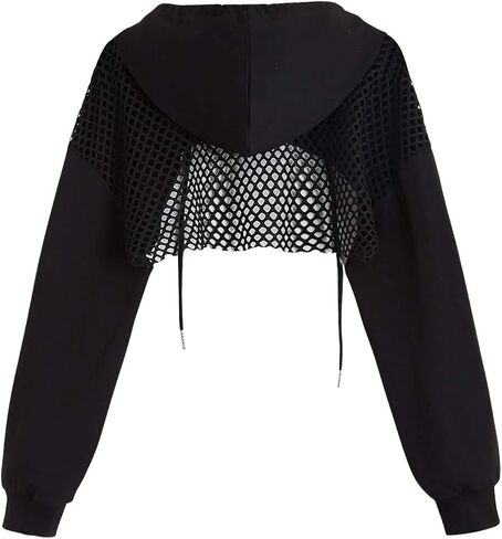 Verdusa Women's Hollow Out Fishnet Long Sleeve Drawstring Hoodie Super Crop Sweatshirt in Saudi Arabia