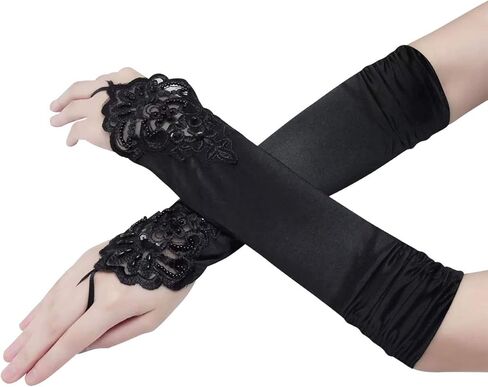 Harapu Long Black Elbow Lace Sequins Satin Gloves 19.3" Stretchy 1920s Opera Gloves Evening Party Dance Gloves for Women Girls, 1 Pair in Kuwait