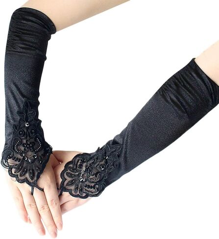 Harapu Long Black Elbow Lace Sequins Satin Gloves 19.3" Stretchy 1920s Opera Gloves Evening Party Dance Gloves for Women Girls, 1 Pair in Kuwait