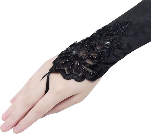 Harapu Long Black Elbow Lace Sequins Satin Gloves 19.3" Stretchy 1920s Opera Gloves Evening Party Dance Gloves for Women Girls, 1 Pair in Kuwait