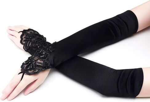 Harapu Long Black Elbow Lace Sequins Satin Gloves 19.3" Stretchy 1920s Opera Gloves Evening Party Dance Gloves for Women Girls, 1 Pair in Kuwait