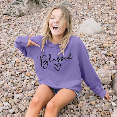 UNIQUEONE Blessed Sweatshirt for Women Letter Print Lightweight Thanksgiving Pullover Tops Blouse in Kuwait