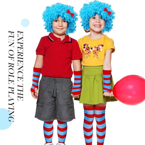 6 قطع من إكسسوارات الأطفال زي الهالوين مجموعة باروكة بانك زرقاء مخططة جوارب عالية الفخذ للركبة قفازات طويلة لتدفئة الذراع للأطفال لوازم الحفلات in Kuwait