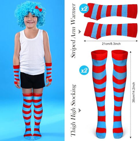 6 قطع من إكسسوارات الأطفال زي الهالوين مجموعة باروكة بانك زرقاء مخططة جوارب عالية الفخذ للركبة قفازات طويلة لتدفئة الذراع للأطفال لوازم الحفلات in Kuwait