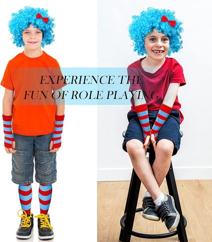 6 قطع من إكسسوارات الأطفال زي الهالوين مجموعة باروكة بانك زرقاء مخططة جوارب عالية الفخذ للركبة قفازات طويلة لتدفئة الذراع للأطفال لوازم الحفلات in Kuwait