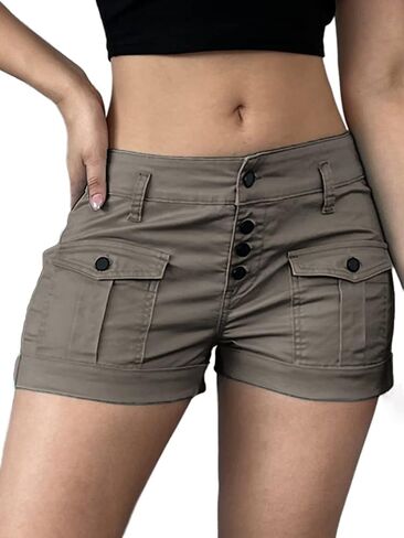 Flamingals Women's Flap Pocket Button Fly Cuff Hem Shorts Low Waist Casual Shorts in Saudi Arabia