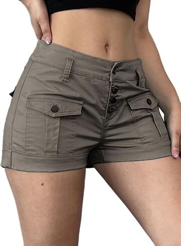 Flamingals Women's Flap Pocket Button Fly Cuff Hem Shorts Low Waist Casual Shorts in Saudi Arabia