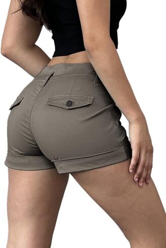 Flamingals Women's Flap Pocket Button Fly Cuff Hem Shorts Low Waist Casual Shorts in Saudi Arabia