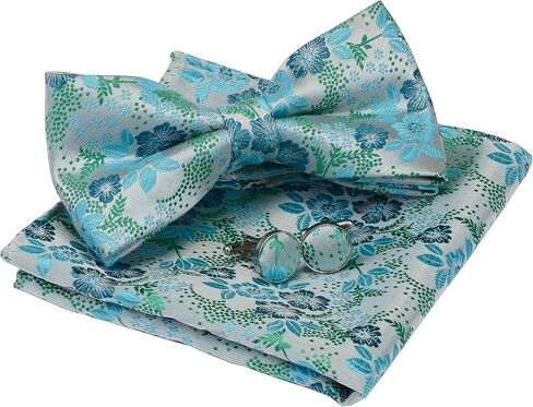 GUSLESON Mens Plaid Floral Jacquard Adjustable Pre-tied Bow Tie and Pocket Square Cufflink Set with Gift Box in Kuwait
