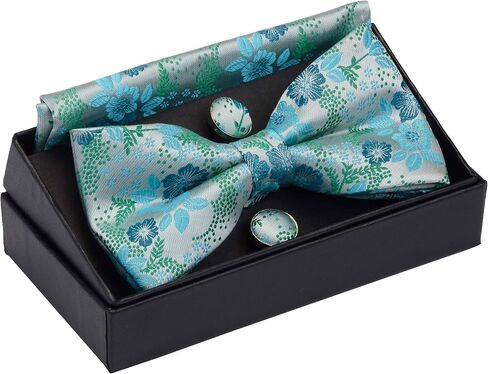 GUSLESON Mens Plaid Floral Jacquard Adjustable Pre-tied Bow Tie and Pocket Square Cufflink Set with Gift Box in Kuwait