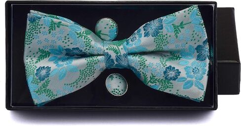 GUSLESON Mens Plaid Floral Jacquard Adjustable Pre-tied Bow Tie and Pocket Square Cufflink Set with Gift Box in Kuwait