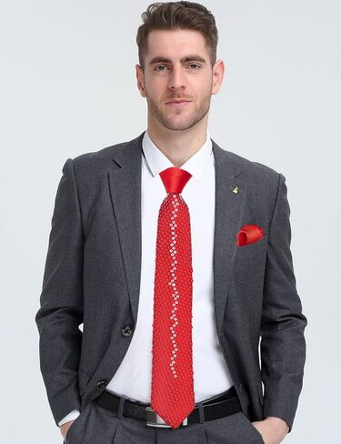 DiBanGu Skinny Sequin Ties for Men Solid Satin Tie and Pocket Square Set Wedding Party Business Formal Necktie in Kuwait