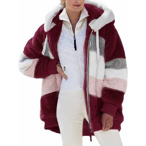 Micoson Women Fashion Color Block Faux Shearling Coat Warm Hooded Zip Up Fuzzy Winter Jacket with Pockets