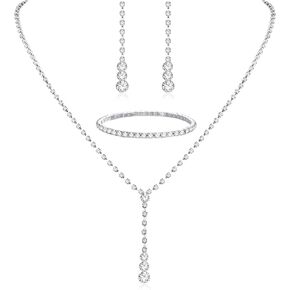 THUNARAZ Sparkled Jewelry Set for Women Silver Rhinestone Necklace Teardrop Dangle Earrings Bracelet for Bride Bridesmaid Crystal Bridal Prom Costume Jewelry Accessories for Wedding Party